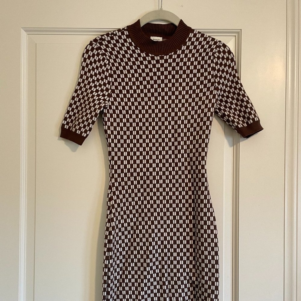 Abercrombie & Fitch Mockneck Mini Sweater Dress, Size XST, Checkered Brown/Cream